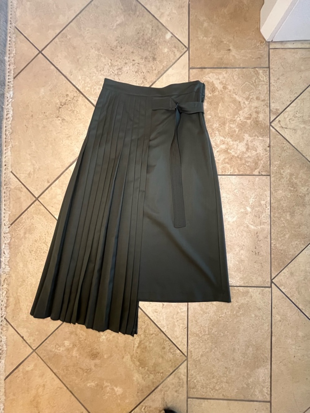 Pleated Asymmetric Midi Skirt - Dark Green